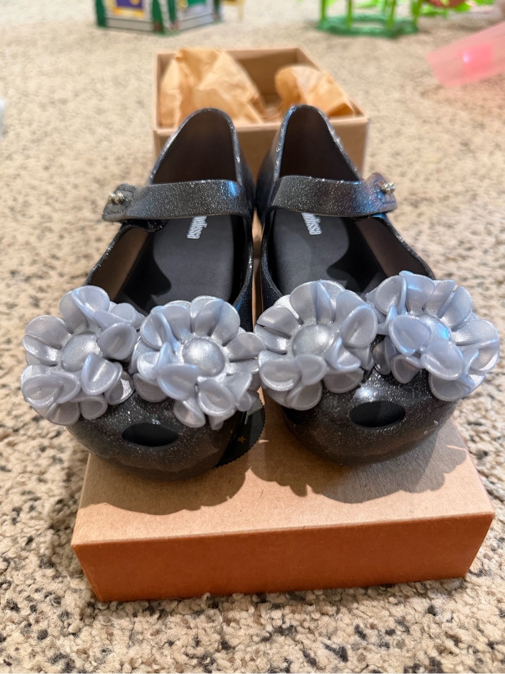 ME Makeover Essentials Black Glitter Mary Jane Shoes with Silver Flower Clusters
